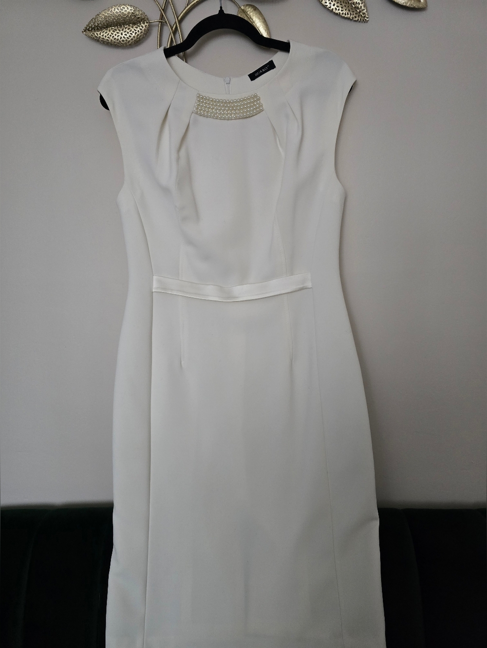 Pearl-Accent Cream Sleeveless Midi Dress Size M